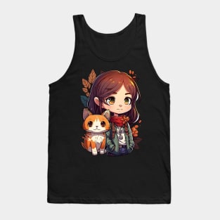 Cat & Girl Kawaii Anime Retro Fall Cat Lover Tank Top